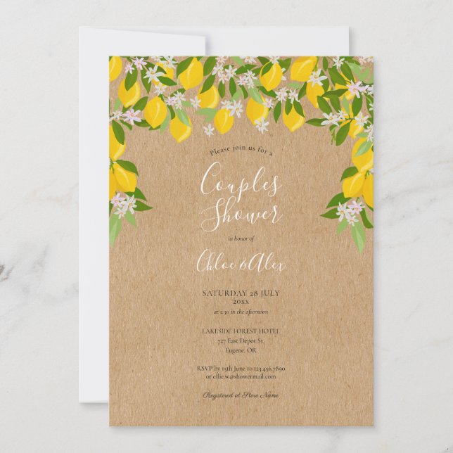 Invitación Ducha de parejas de flores de limón rústicas (Anverso)