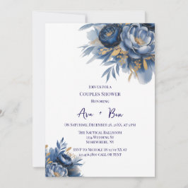 Invitación Ducha de parejas de flores de peonía azules y dora