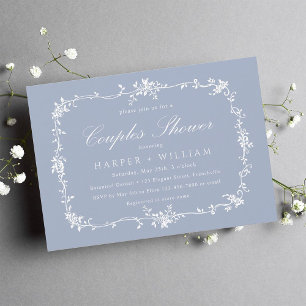 Invitación Ducha de parejas de flores francesas clásicas azul
