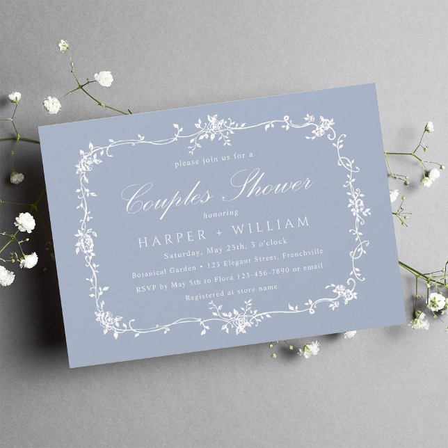 Invitación Ducha de parejas de flores francesas clásicas azul (Subido por el creador)