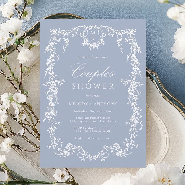 Invitación Ducha de parejas de flores francesas clásicas azul (Subido por el creador)