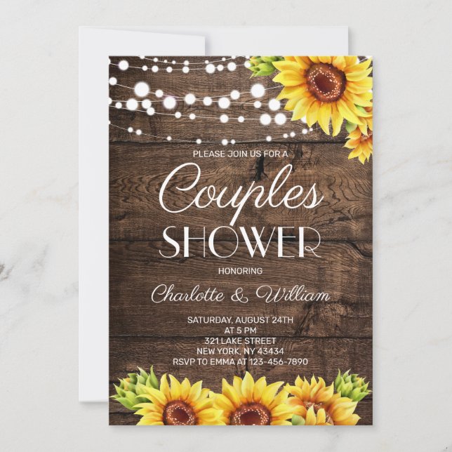 Invitación Ducha de parejas de girasoles de madera rústica (Anverso)