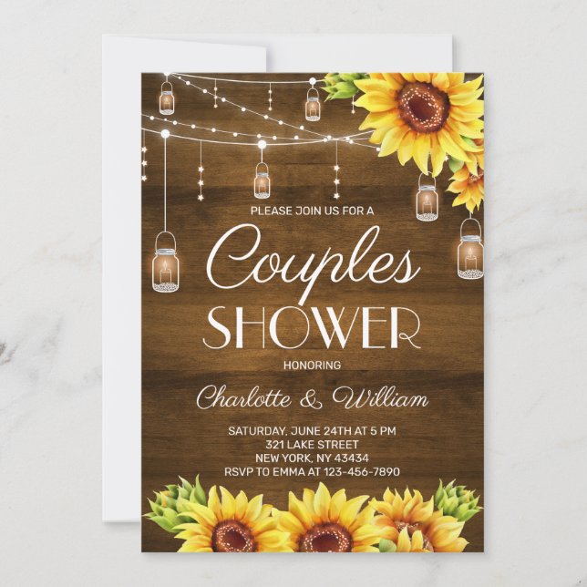Invitación Ducha de parejas de girasoles de madera rústica (Anverso)