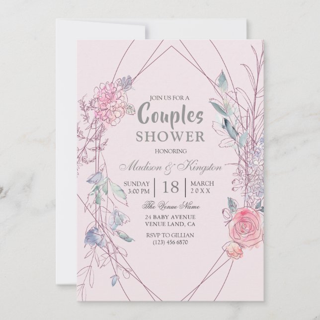 Invitación Ducha De Parejas De Guiso Floral Geométrica Rosa Y (Anverso)