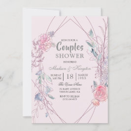 Invitación Ducha De Parejas De Guiso Floral Geométrica Rosa Y