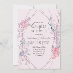 Invitación Ducha De Parejas De Guiso Floral Geométrica Rosa Y