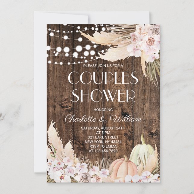 Invitación Ducha de parejas de hierba Pampas Boho rústica (Anverso)
