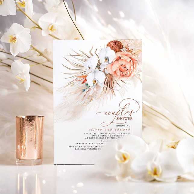 Invitación Ducha de parejas de hierba Pampas floral de terrac (Boho Exotic Couples Shower Terracotta Invites)