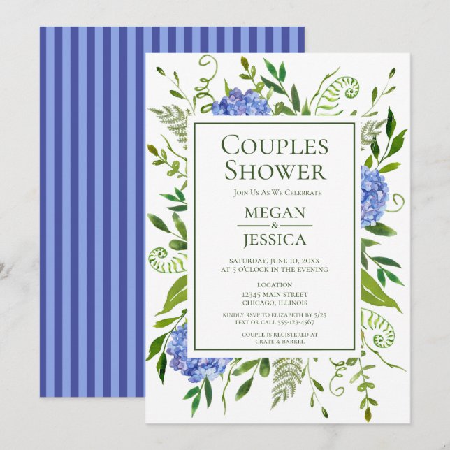 Invitación Ducha de parejas de Hortensias Azules (Anverso / Reverso)