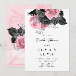 Invitación Ducha de Parejas de Inking Floral Rosa y Negro de 