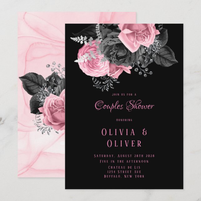 Invitación Ducha de Parejas de Inking Floral Rosa y Negro de  (Anverso / Reverso)