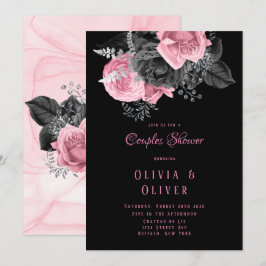 Invitación Ducha de Parejas de Inking Floral Rosa y Negro de 