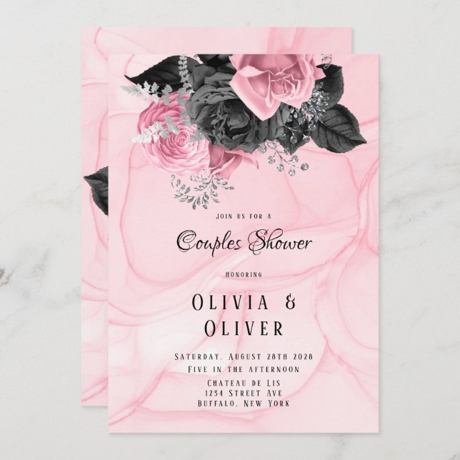 Invitación Ducha de Parejas de Inking Floral Rosa y Negro de  (Anverso / Reverso)