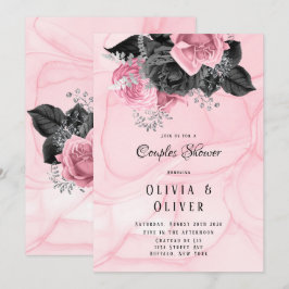 Invitación Ducha de Parejas de Inking Floral Rosa y Negro de 