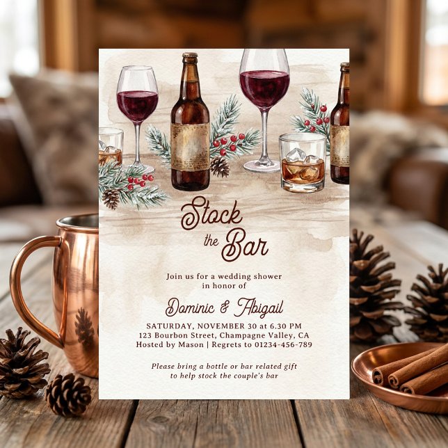 Invitación Ducha de parejas de invierno rústico Abastece el b (Rustic stock the bar couples shower invitation with wine beer and winter greenery by Darling & May)