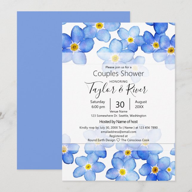 Invitación Ducha De Parejas De Olvidar-Me-Nots Azul De País (Anverso / Reverso)