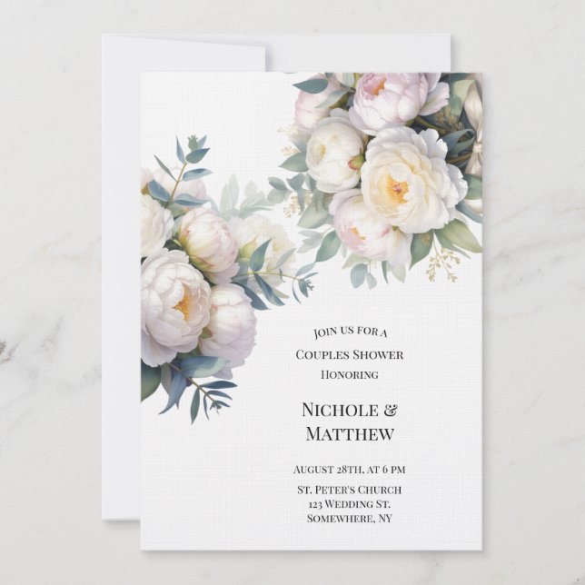 Invitación Ducha de parejas de peonía blanca suave con eucali (Anverso)