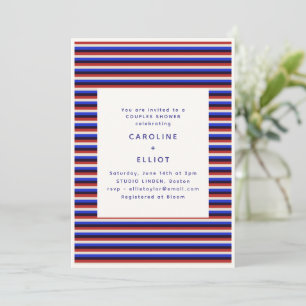 Invitación Ducha de parejas de raya roja blanca y azul retro