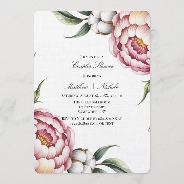Invitación Ducha de parejas de rosa rubor y algodón (Anverso)