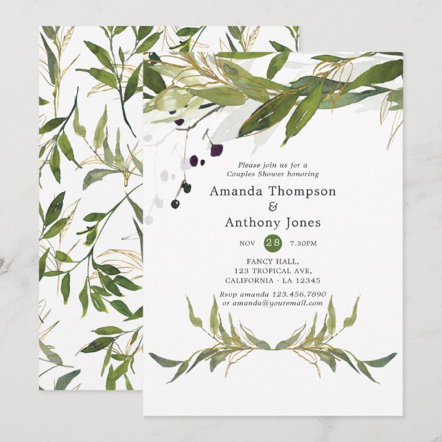 Invitación Ducha de parejas de verde acuarela (Anverso / Reverso)