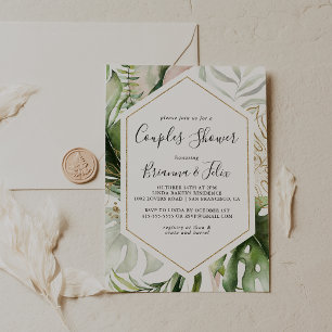 Invitación Ducha de Parejas de Verdor Tropical de Oro Geométr