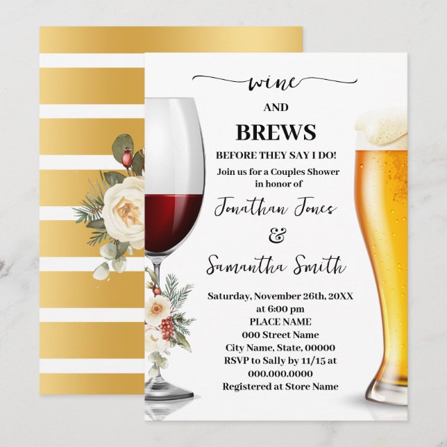 Invitación Ducha de parejas de vino y cervezas con flores bla (Anverso / Reverso)