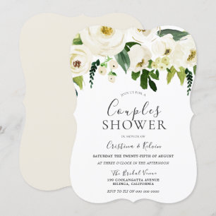 Invitación Ducha de parejas elegante con flores blancas y cre