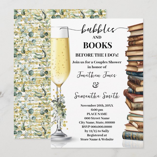 Invitación Ducha de parejas Eucalyptus Gold Bubbles & Books (Anverso / Reverso)