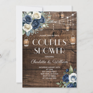 Invitación Ducha de parejas floral azul marino rústica