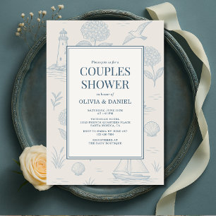 Invitación Ducha de parejas floral azul Toile francés costero