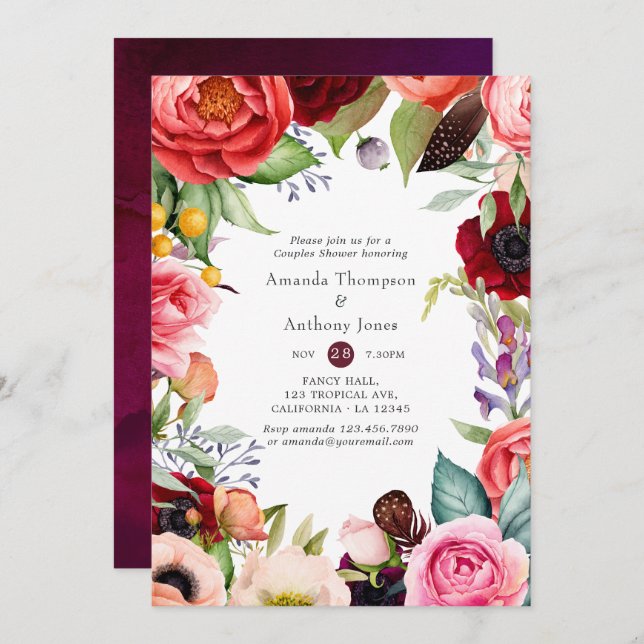 Invitación Ducha de parejas floral boho acuarela (Anverso / Reverso)