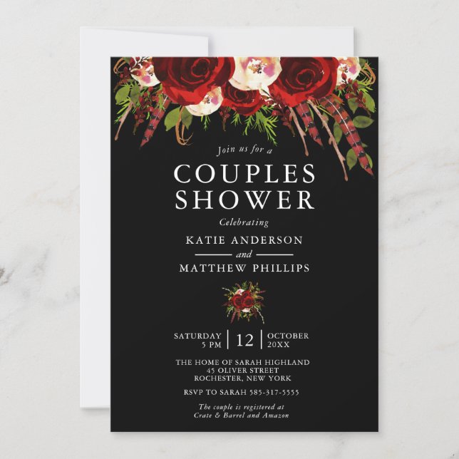 Invitación Ducha de parejas floral boho de Borgoña negra (Anverso)