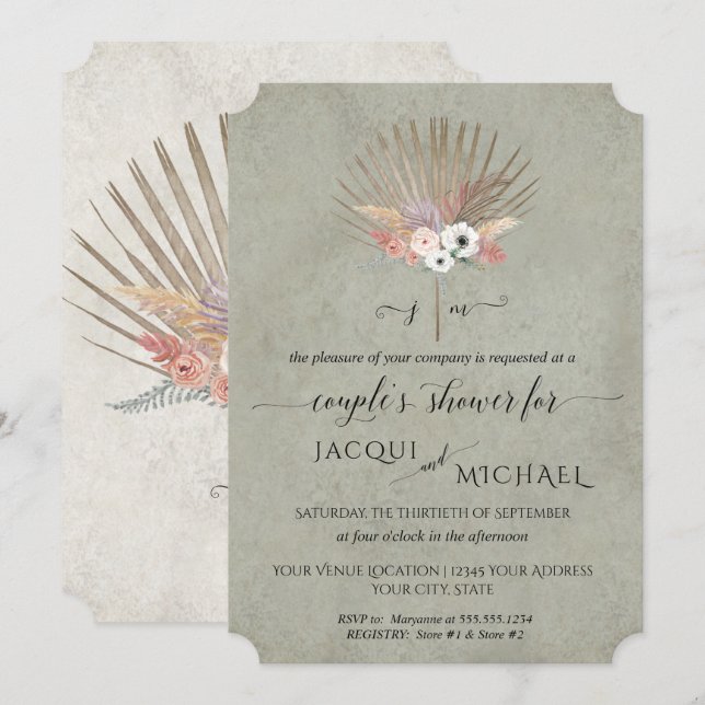 Invitación Ducha de parejas floral BOHO verde salvia Pampas (Anverso / Reverso)