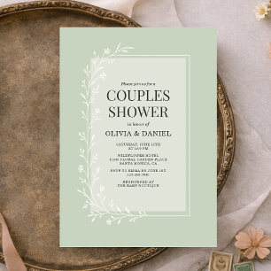 Invitación Ducha de parejas floral botánica verde salvia