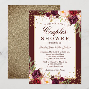Invitación Ducha de parejas floral Burgundy Gold Sparkle