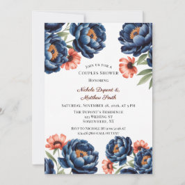 Invitación Ducha de parejas floral de azul marino y naranja q