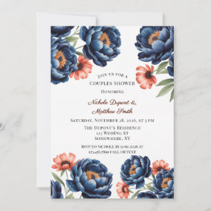 Invitación Ducha de parejas floral de azul marino y naranja q