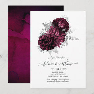Invitación Ducha de parejas floral de color burdeos y plata