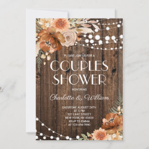Invitación Ducha de parejas floral de terracota de madera rús