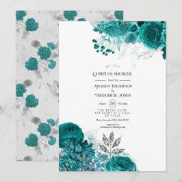 Invitación Ducha de parejas floral de turquesa y plata