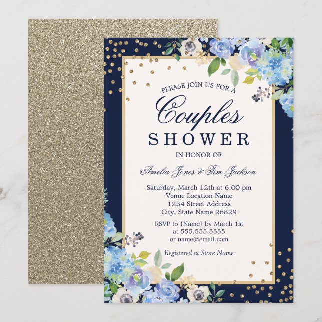 Invitación Ducha de parejas floral dorado azul con destellos (Anverso / Reverso)