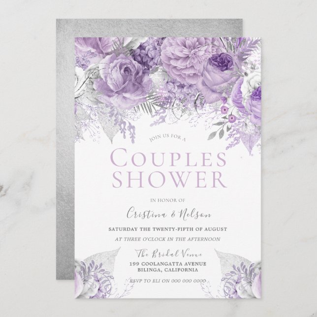 Invitación Ducha de parejas floral Lavanda Morado Plata (Anverso / Reverso)