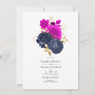 Invitación Ducha de parejas floral magenta, navy y dorado