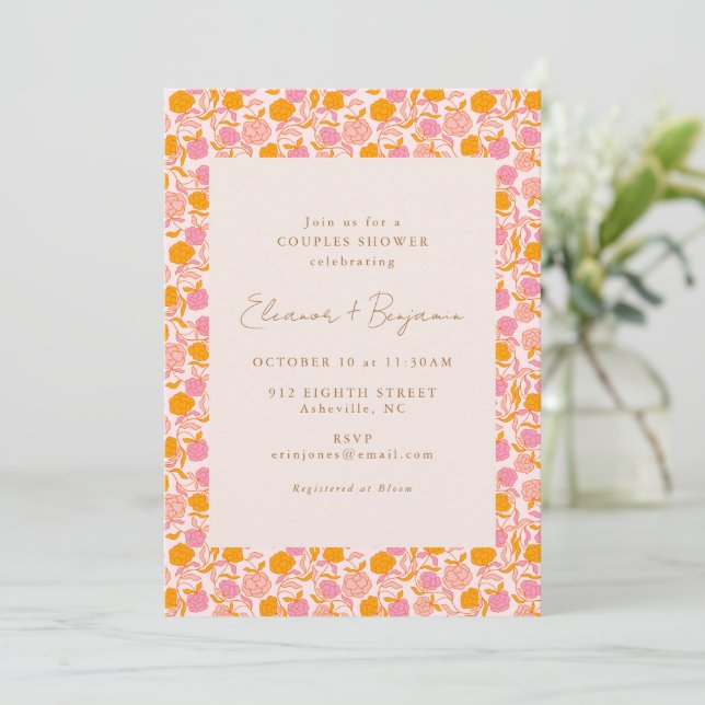 Invitación Ducha de parejas floral retro rosa naranja boho at (Anverso de pie)