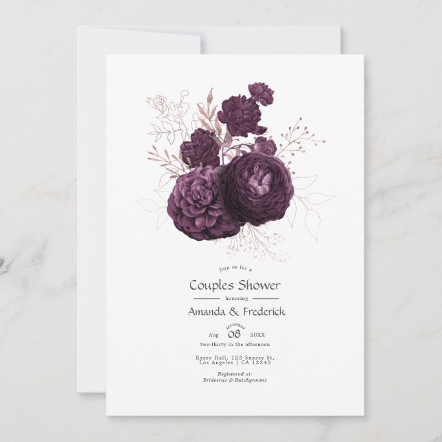 Invitación Ducha de parejas floral rosa y púrpura oscuro (Anverso)