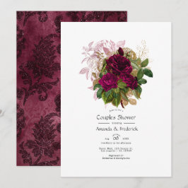 Invitación Ducha de parejas floral shabby burgundy rubor oro
