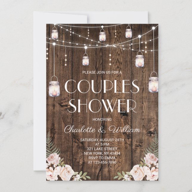 Invitación Ducha de parejas floral sonrosado de madera rústic (Anverso)