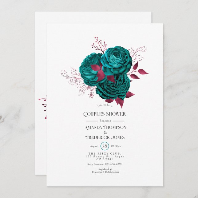 Invitación Ducha de parejas floral turquesa y borgoña (Anverso / Reverso)