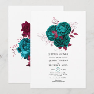 Invitación Ducha de parejas floral turquesa y borgoña