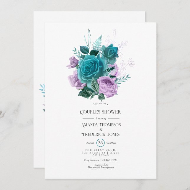 Invitación Ducha de parejas floral turquesa y lavanda (Anverso / Reverso)